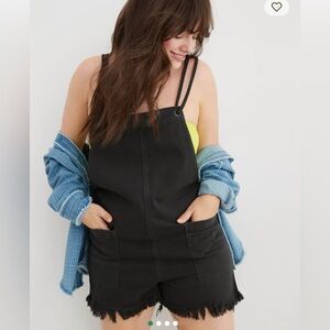 Aerie Double Strap Shortalls in Charcoal with Fringe Hem. Lightly Distressed.